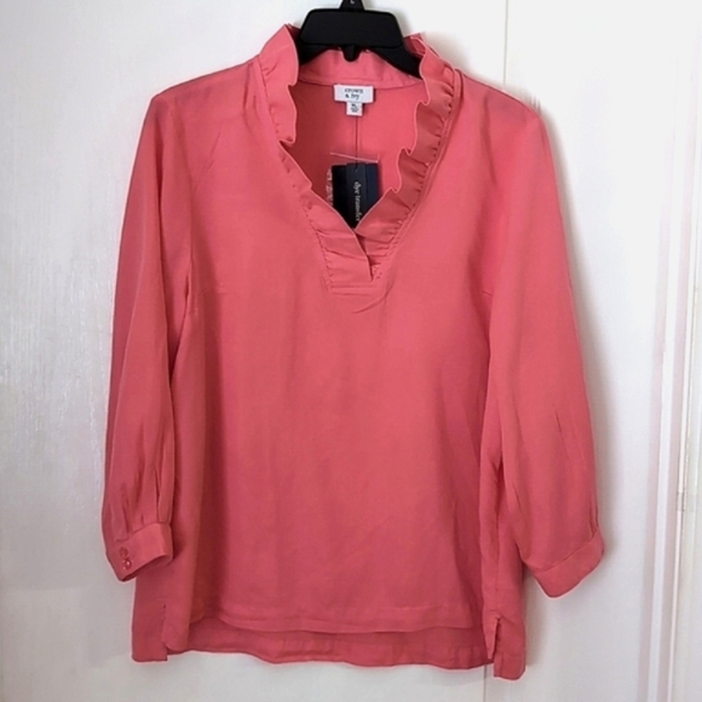 Crown & Ivy Coral Pink Ruffle Neck Blouse. Size Petite Large. NEW $64